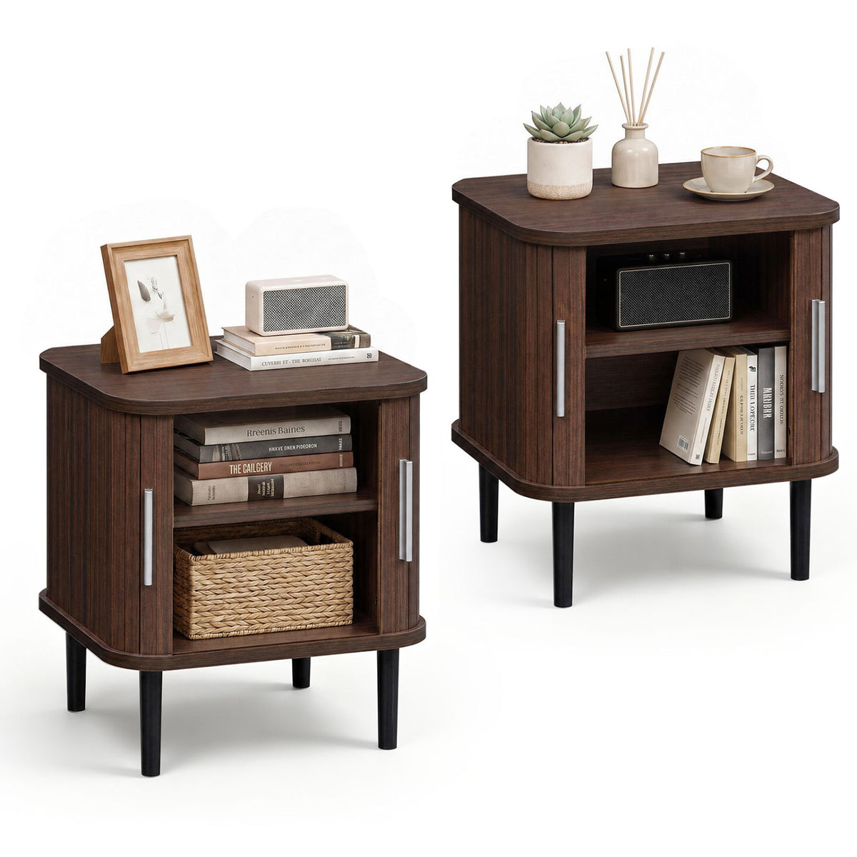 Set of 2 Fluted Nightstand with Sliding Doors and Adjustable Shelf for Small Spaces