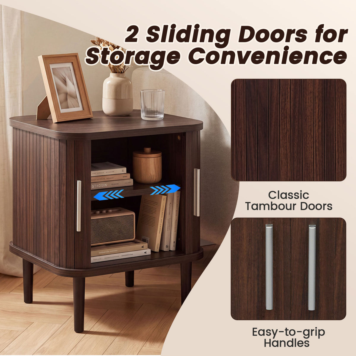 Set of 2 Fluted Nightstand with Sliding Doors and Adjustable Shelf for Small Spaces