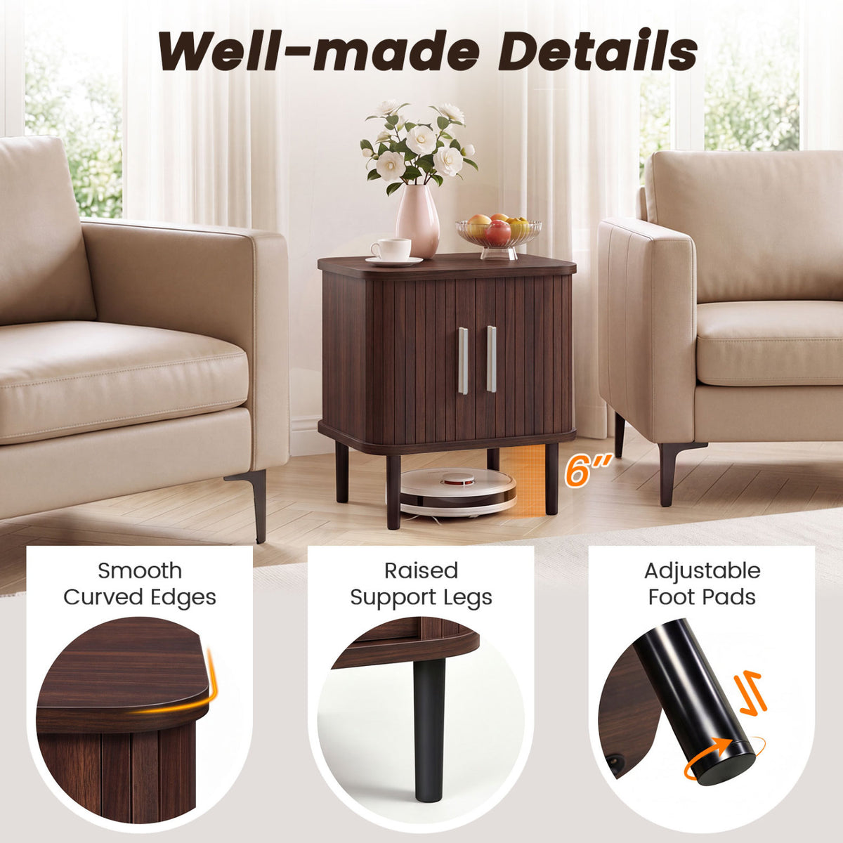 Set of 2 Fluted Nightstand with Sliding Doors and Adjustable Shelf for Small Spaces