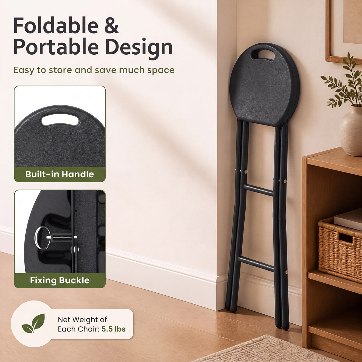 Set of 2 Folding Bar Stool 27.5" with HDPE Seat & Carry Handle for Kitchen Bar-Black