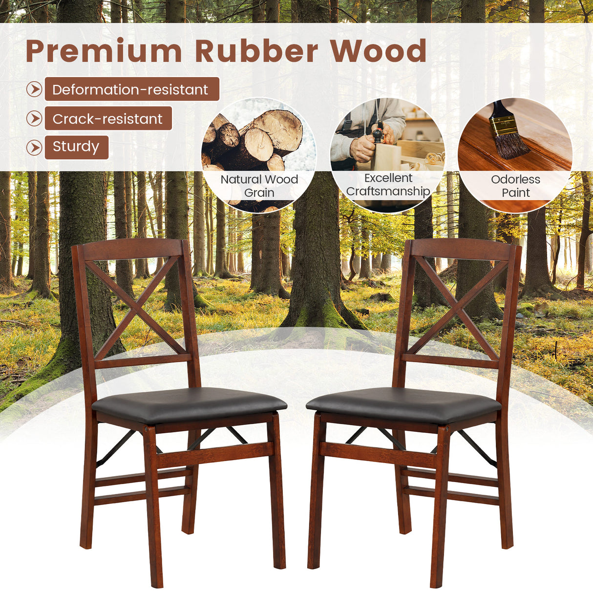 Set of 2 Folding Dining Chairs with 400 LBS Capacity-Brown