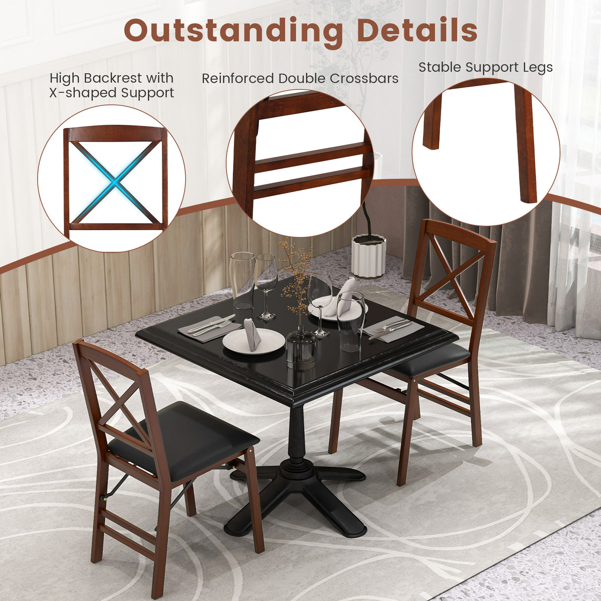 Set of 2 Folding Dining Chairs with 400 LBS Capacity-Brown