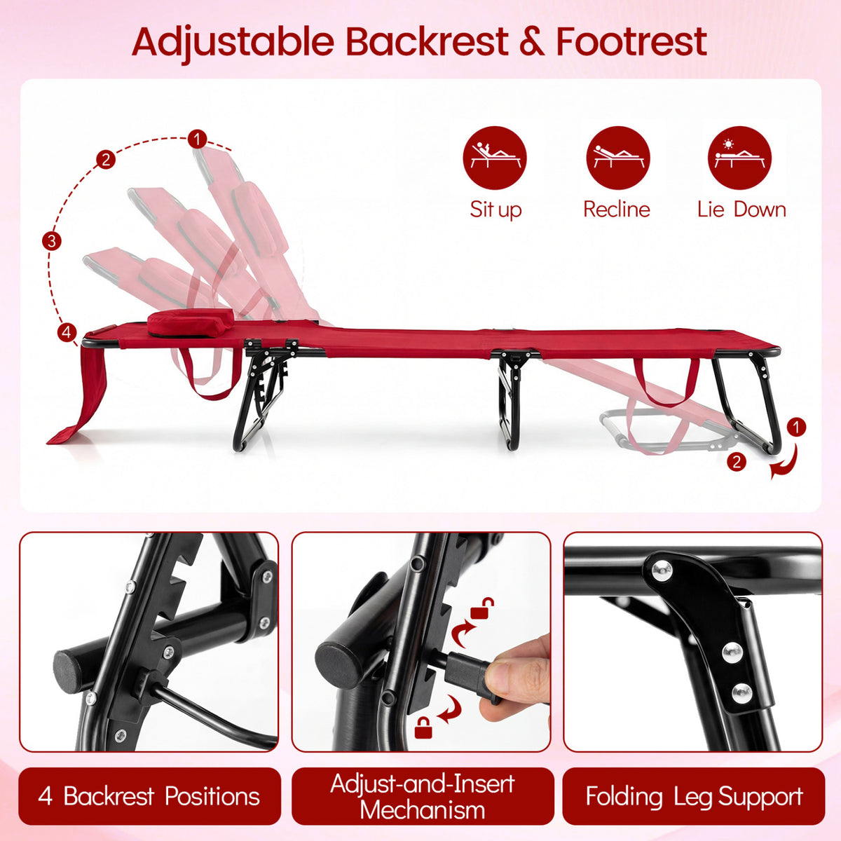 Set of 2 Folding Face Down Tanning Chair with Face Hole 3 Removable Pillows