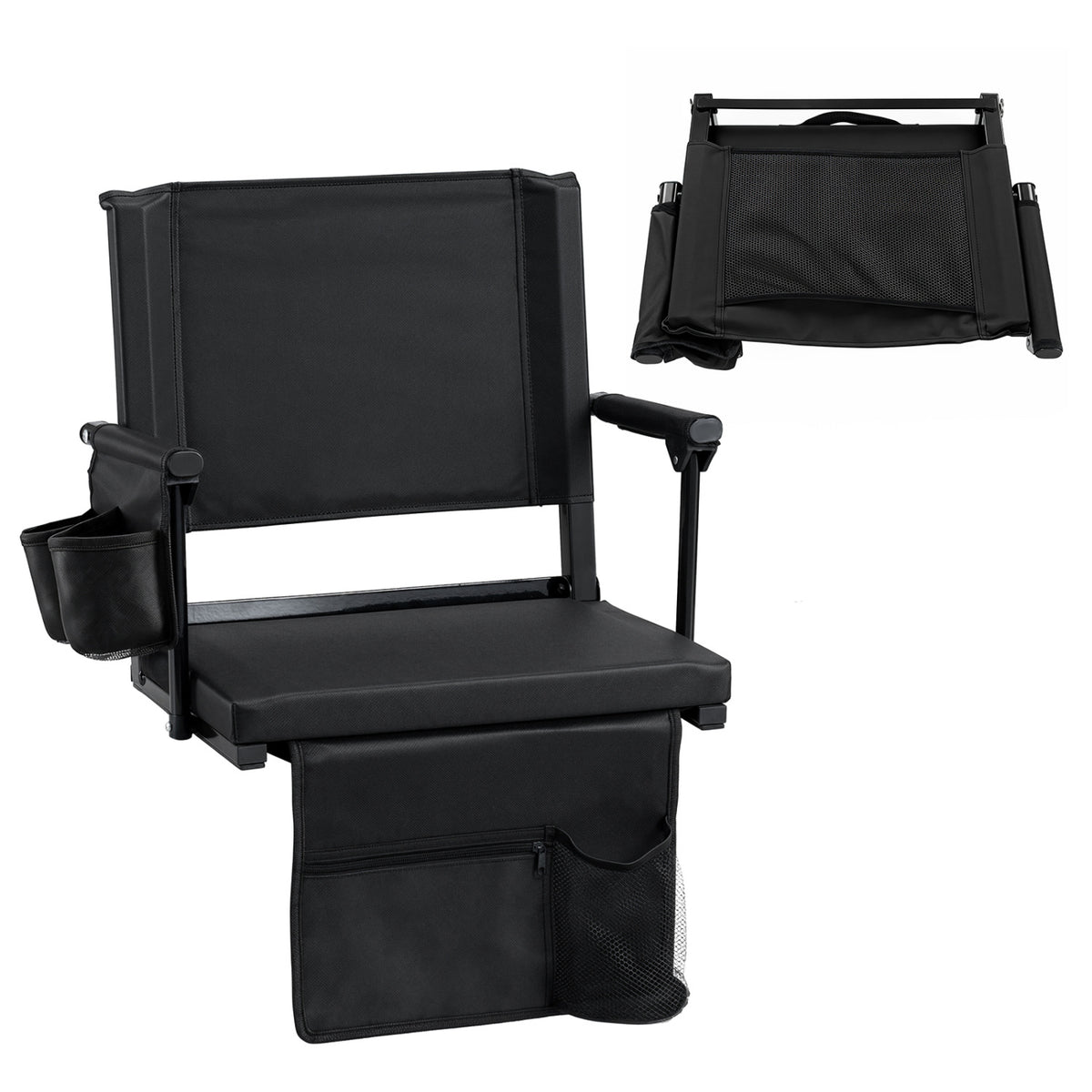 Set of 2 Folding Stadium Seat with Cup Holders and Pockets-Black