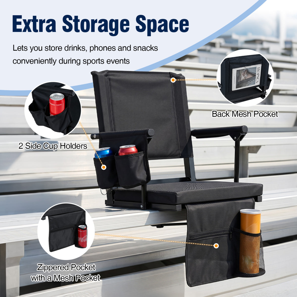 Set of 2 Folding Stadium Seat with Cup Holders and Pockets-Black