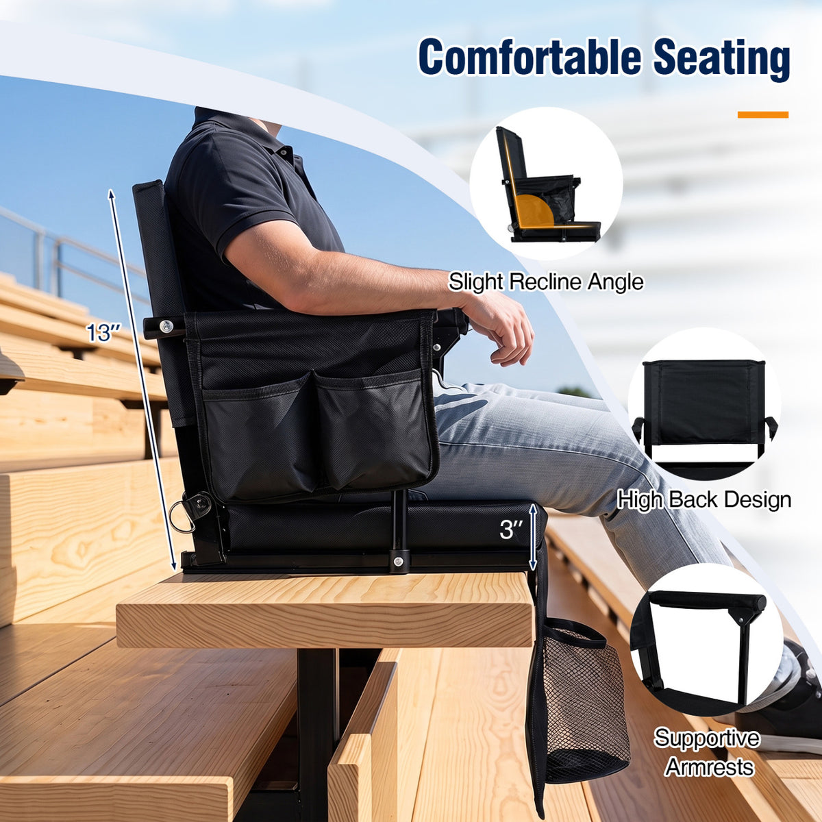 Set of 2 Folding Stadium Seat with Cup Holders and Pockets-Black