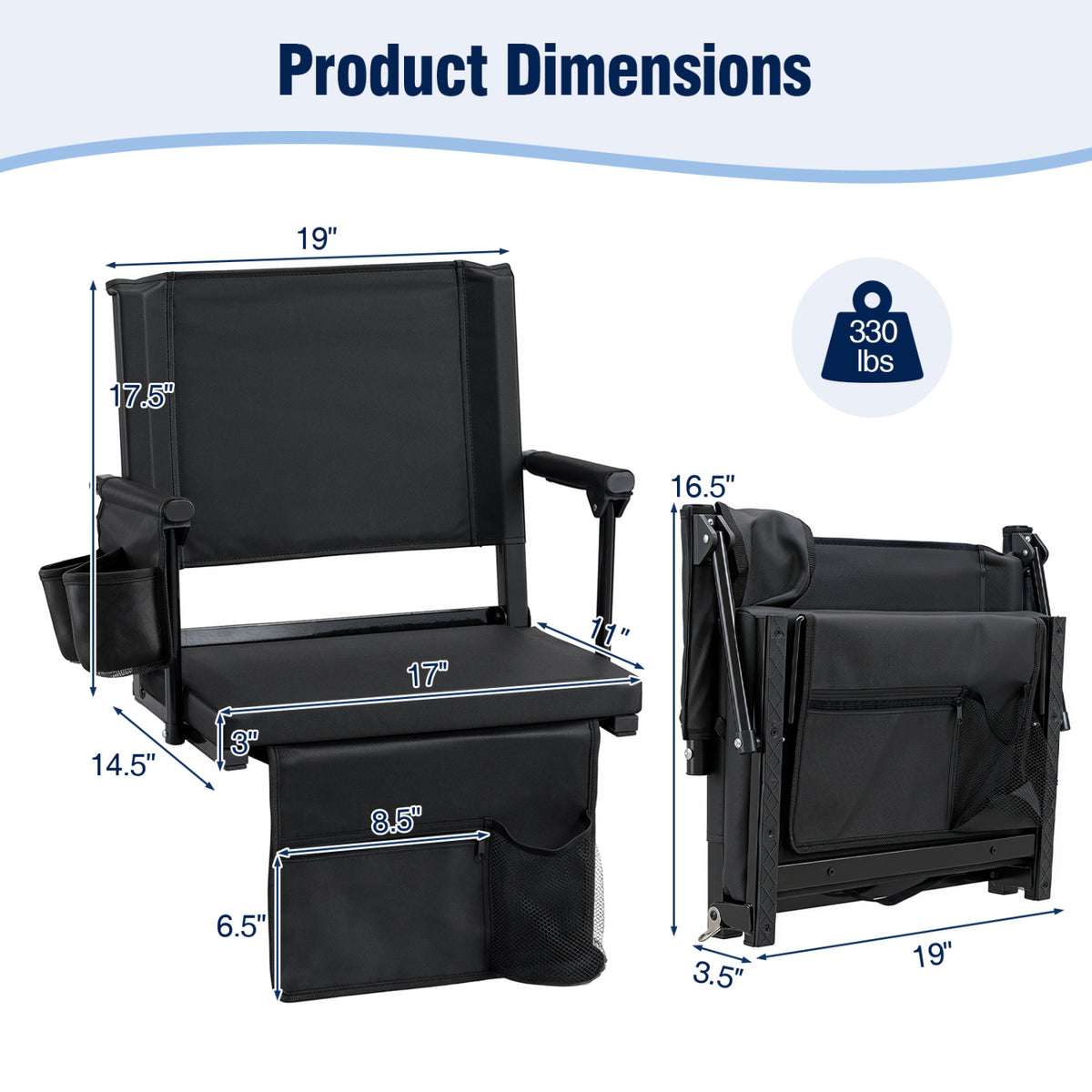 Set of 2 Folding Stadium Seat with Cup Holders and Pockets-Black