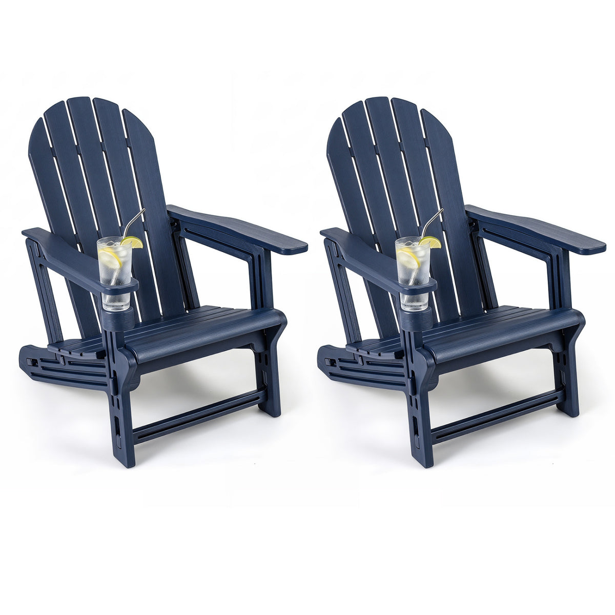 Set of 2 HDPE Adirondack Chair with Cup Holder and Wooden Texture for Patio
