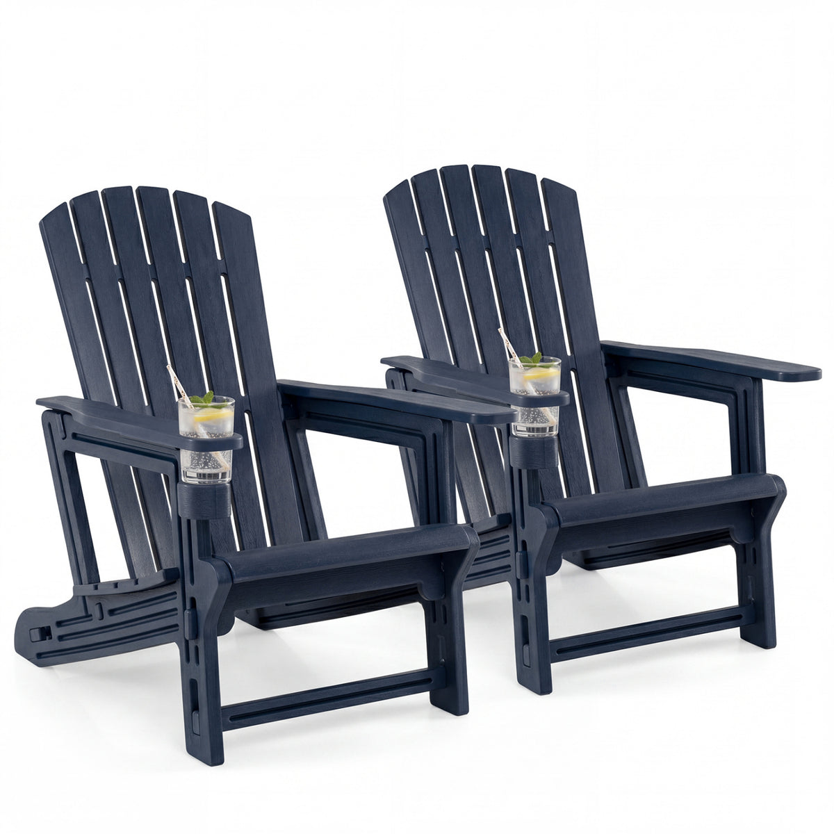 Set of 2 HDPE Adirondack Chair with Cup Holder and Wood-Like Texture  for Garden