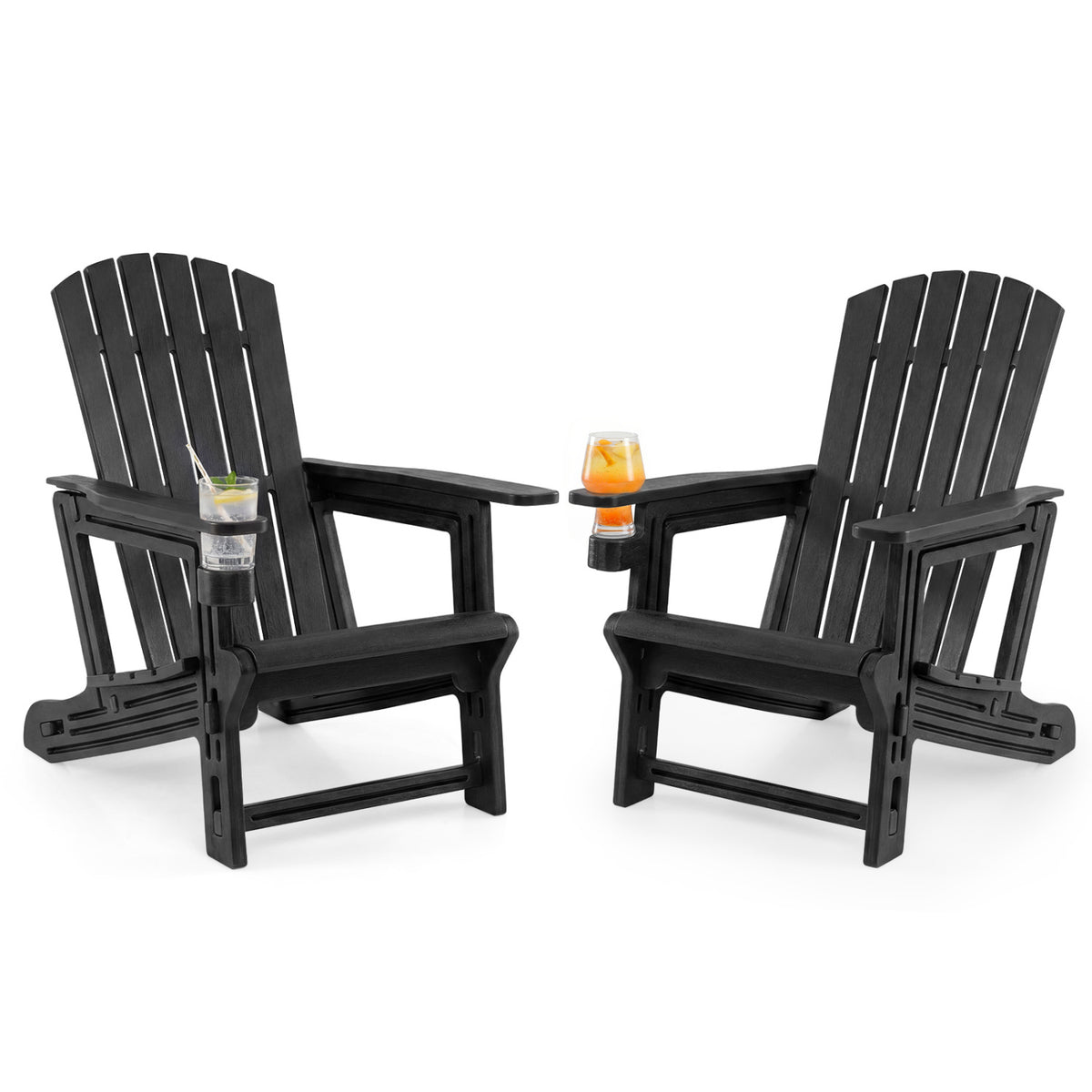 Set of 2 HDPE Adirondack Chair with Cup Holder and Wood-Like Texture  for Garden