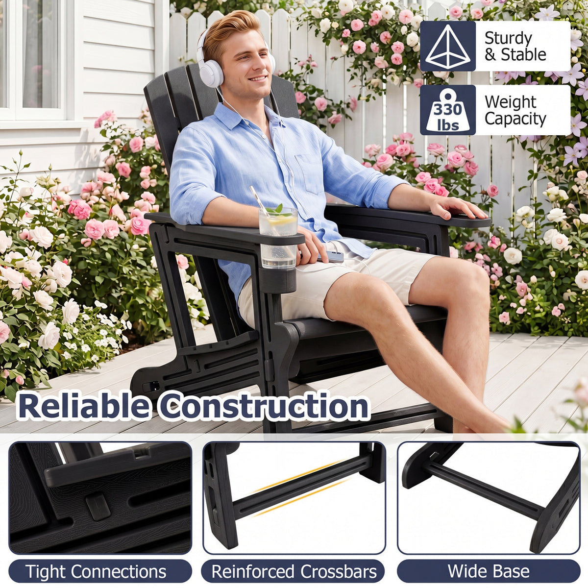 Set of 2 HDPE Adirondack Chair with Cup Holder and Wood-Like Texture  for Garden