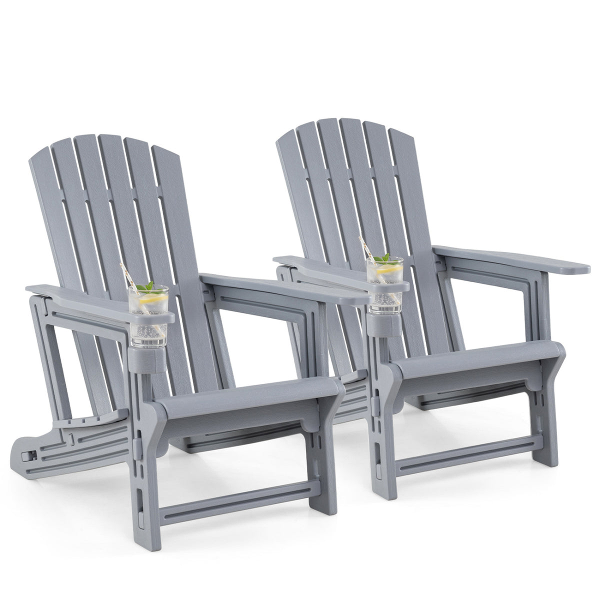 Set of 2 HDPE Adirondack Chair with Cup Holder and Wood-Like Texture  for Garden