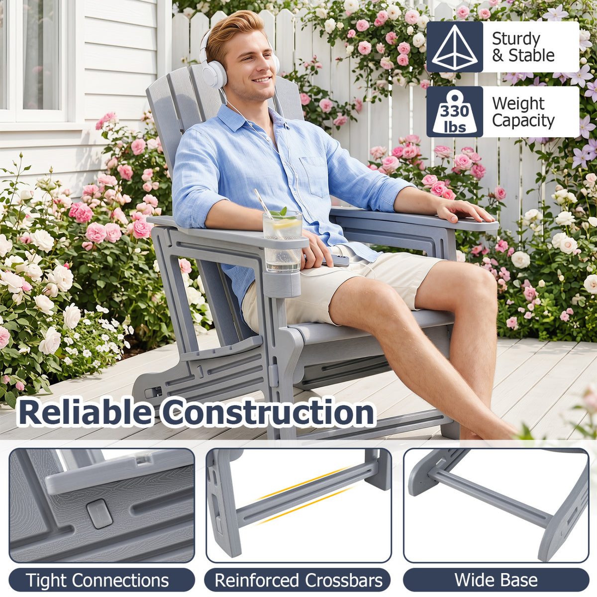 Set of 2 HDPE Adirondack Chair with Cup Holder and Wood-Like Texture  for Garden