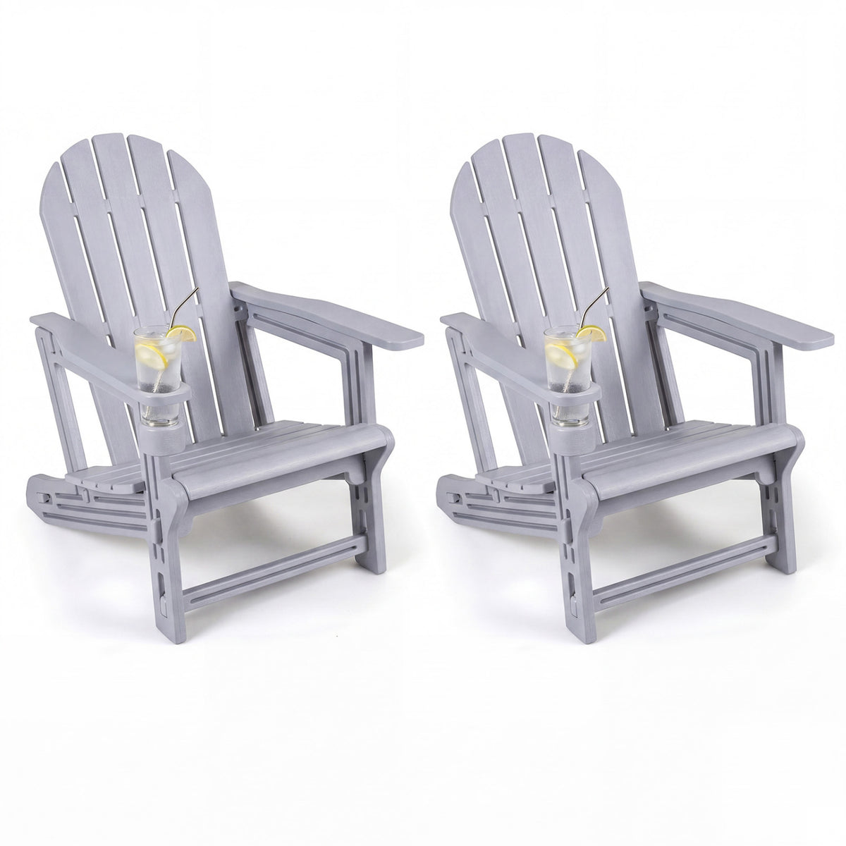 Set of 2 HDPE Adirondack Chair with Cup Holder and Wooden Texture for Patio