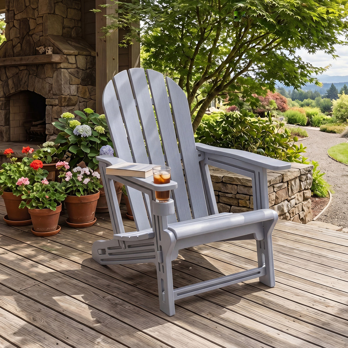 Set of 2 HDPE Adirondack Chair with Cup Holder and Wooden Texture for Patio