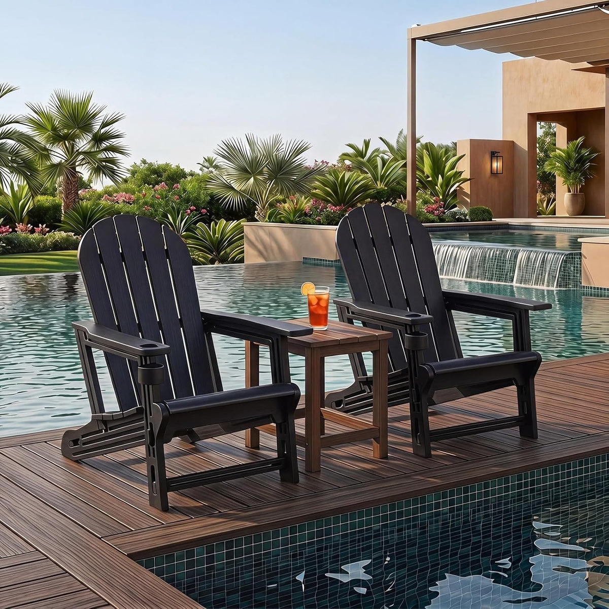 Set of 2 HDPE Adirondack Chair with Cup Holder and Wooden Texture for Patio