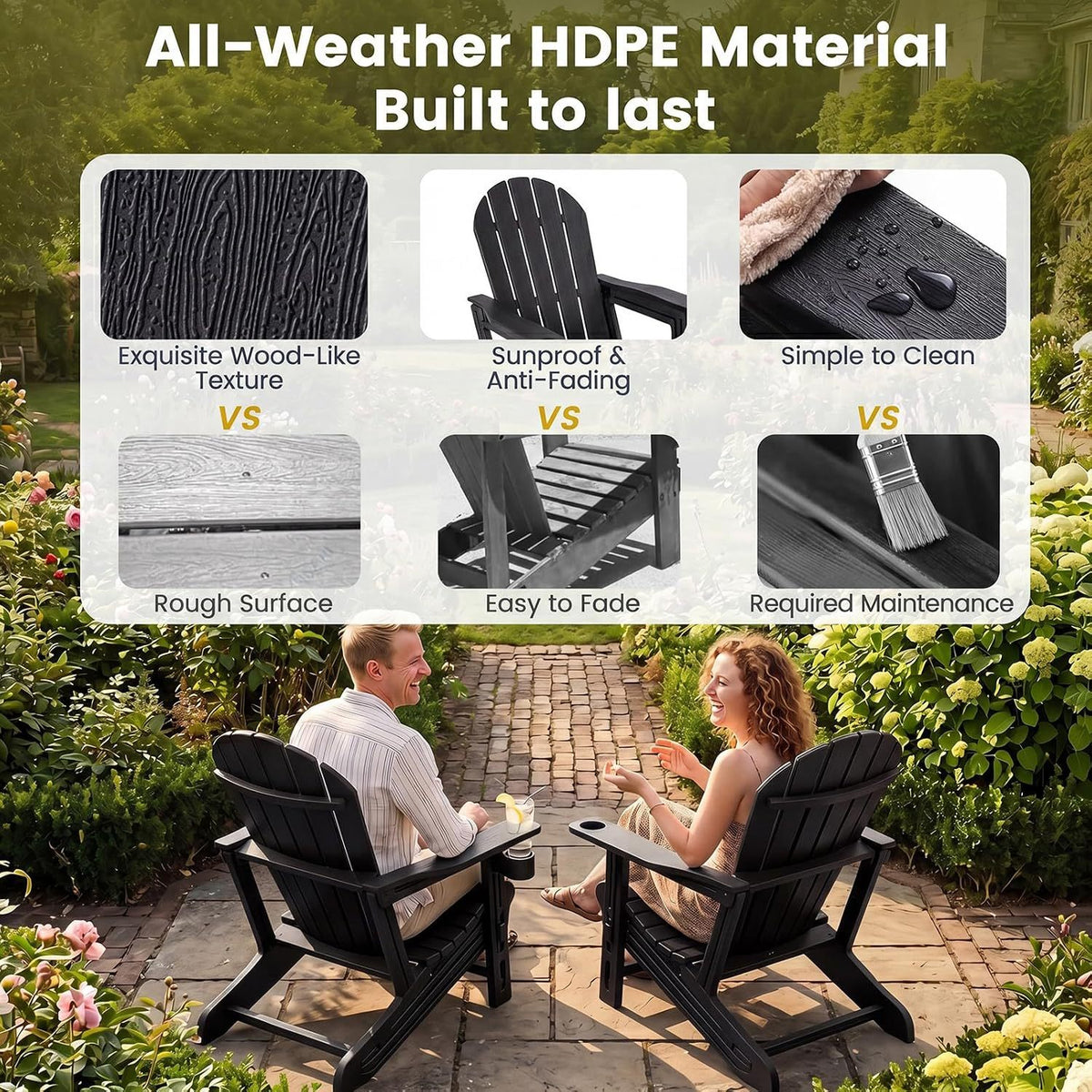 Set of 2 HDPE Adirondack Chair with Cup Holder and Wooden Texture for Patio