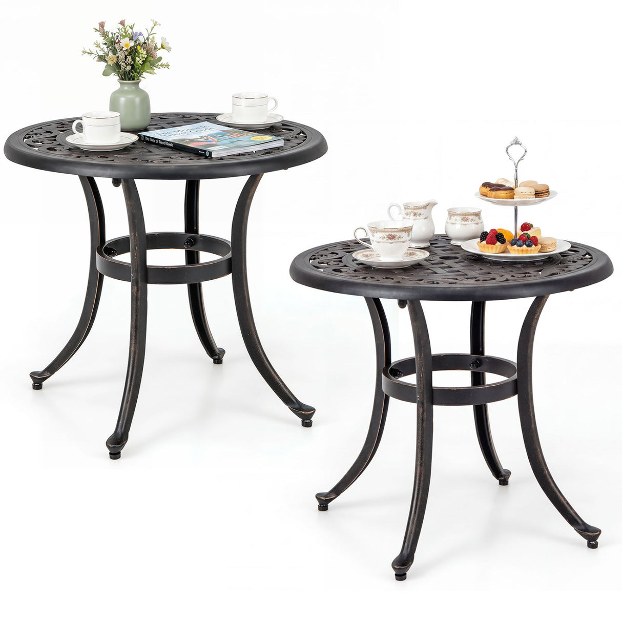 Set of 2 Heavy-Duty Outdoor Aluminum Side Table with Adjustable Footpads for Patio-Antique Brown