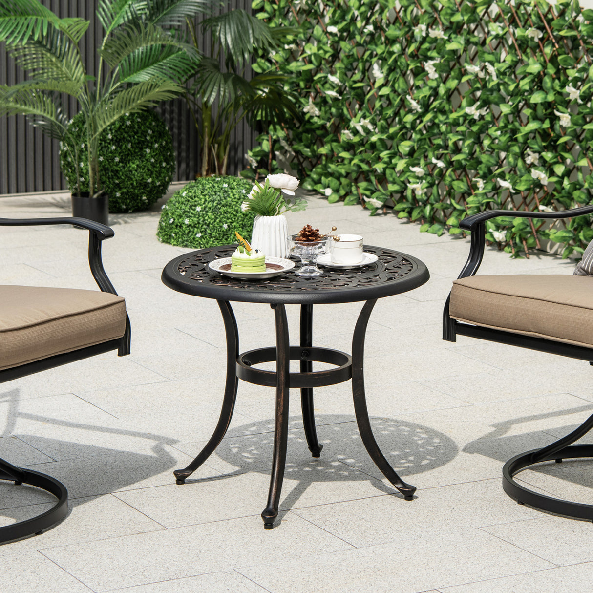 Set of 2 Heavy-Duty Outdoor Aluminum Side Table with Adjustable Footpads for Patio-Antique Brown