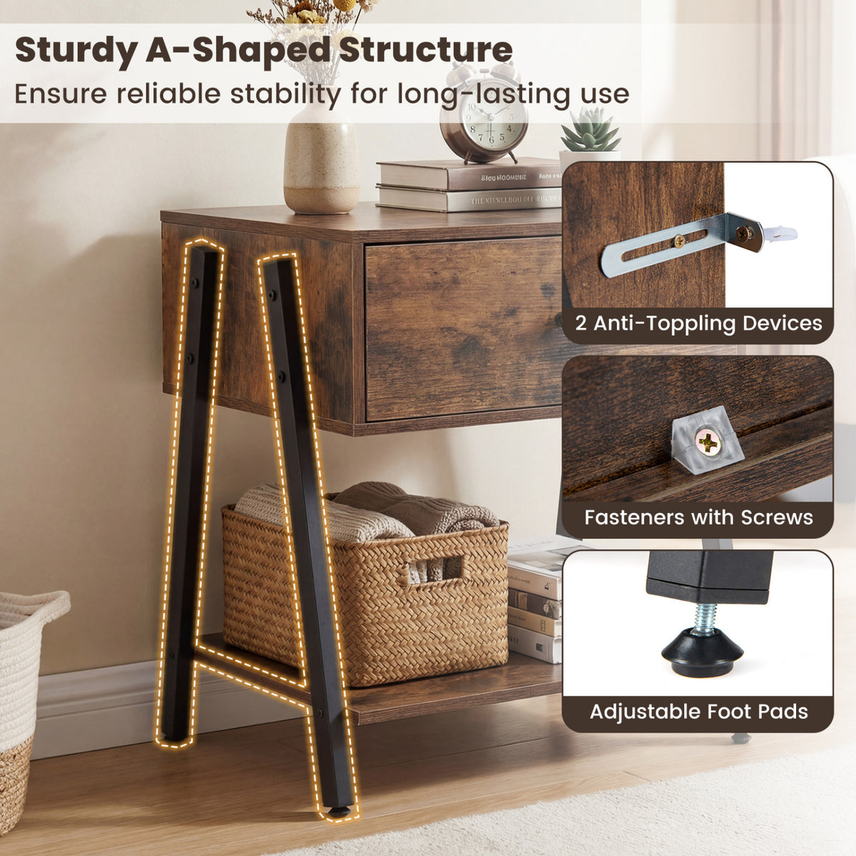 Set of 2 Industrial Nightstand with Adjustable Foot Pads for Bedroom-Rustic Brown