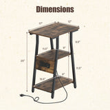 Set of 2 Industrial Side Tables with Charging Station & 3-Tier Shelves for Small Space-Rustic Brown