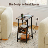 Set of 2 Industrial Side Tables with Charging Station & 3-Tier Shelves for Small Space-Rustic Brown