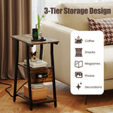 Set of 2 Industrial Side Tables with Charging Station & 3-Tier Shelves for Small Space-Rustic Brown