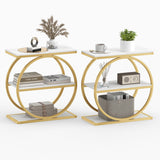 Set of 2 Industrial Faux Marble Side Table with Metal Frame for Small Spaces