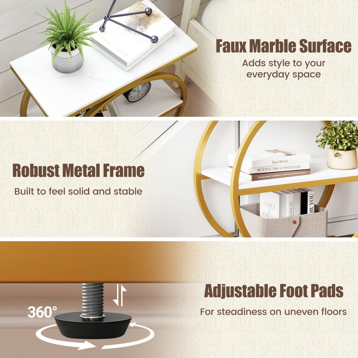 Set of 2 Industrial Faux Marble Side Table with Metal Frame for Small Spaces