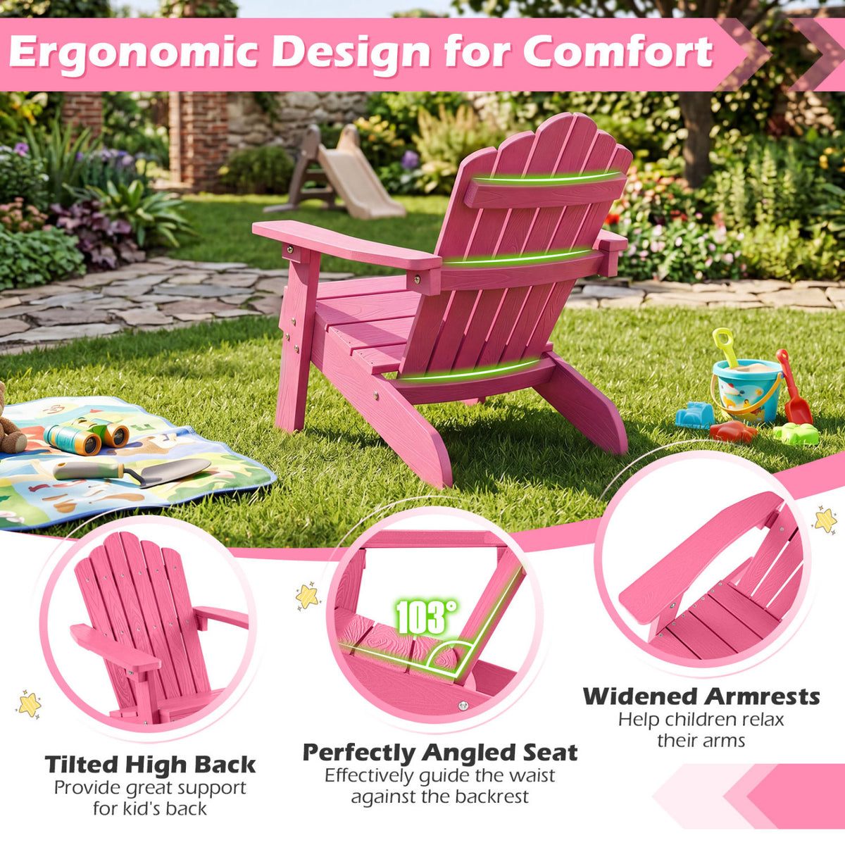 Set of 2 Kids Adirondack Chairs All-weather Outdoor Chairs for Children with Tilted High Backrest