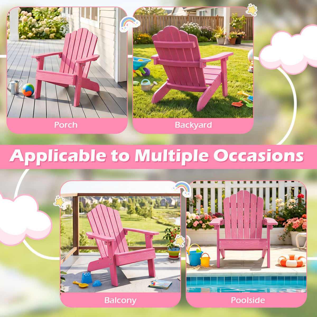 Set of 2 Kids Adirondack Chairs All-weather Outdoor Chairs for Children with Tilted High Backrest