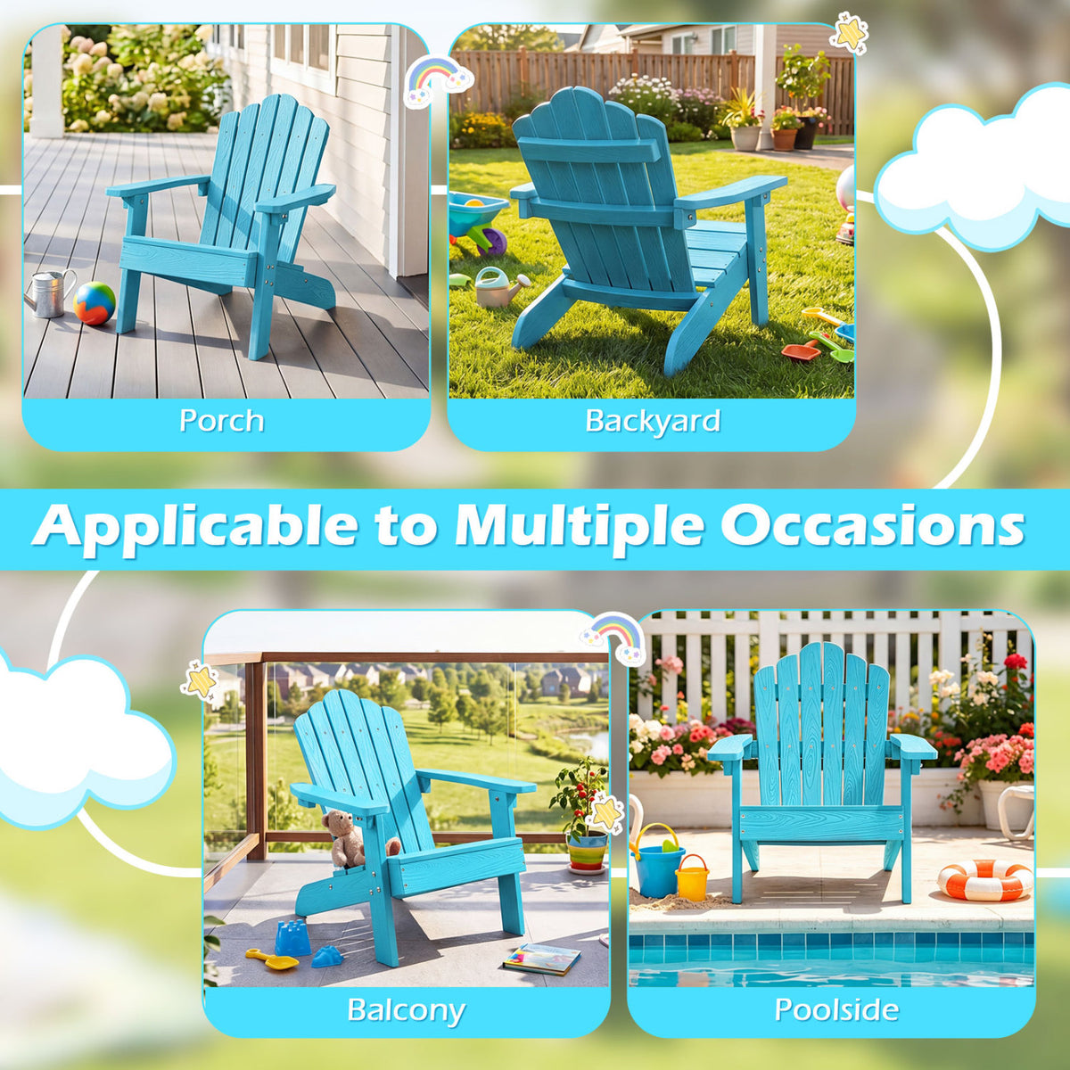 Set of 2 Kids Adirondack Chairs All-weather Outdoor Chairs for Children with Tilted High Backrest