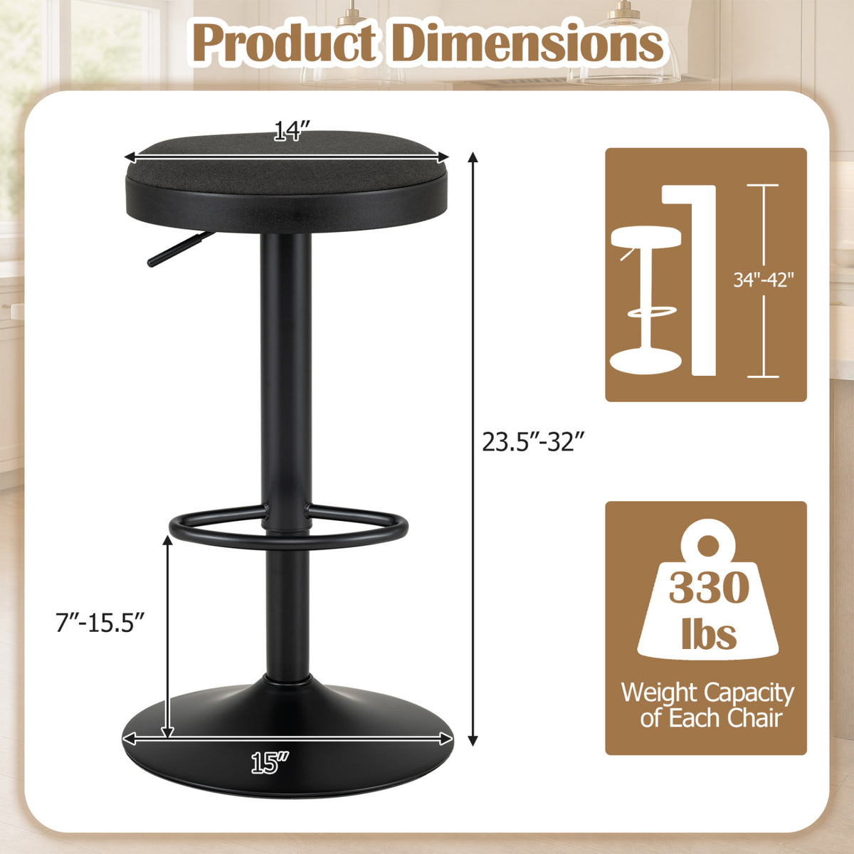 Set of 2 Kitchen Bar Stools with Height Adjustment Padded Seat and D-Shaped Footrest