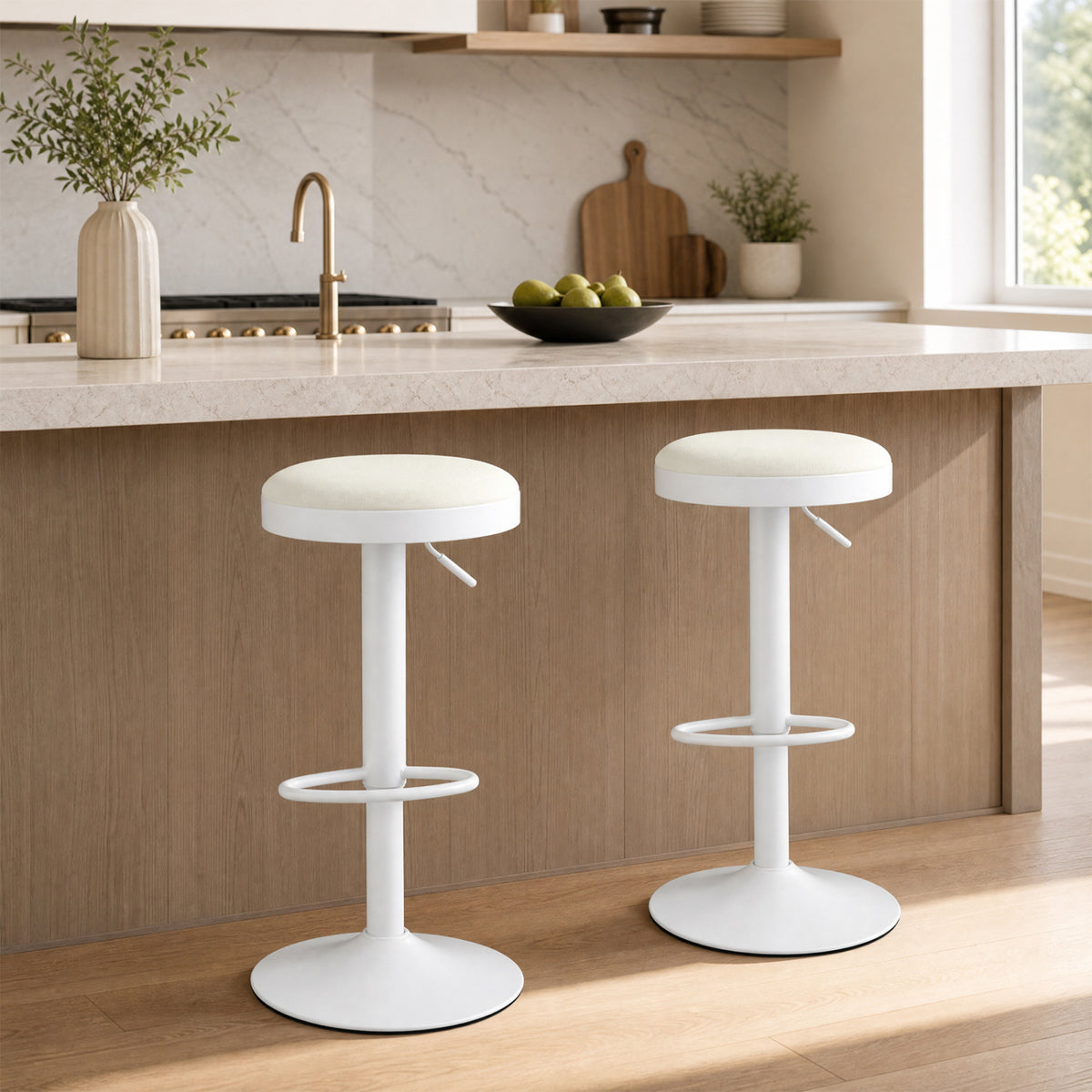 Set of 2 Kitchen Bar Stools with Height Adjustment Padded Seat and D-Shaped Footrest