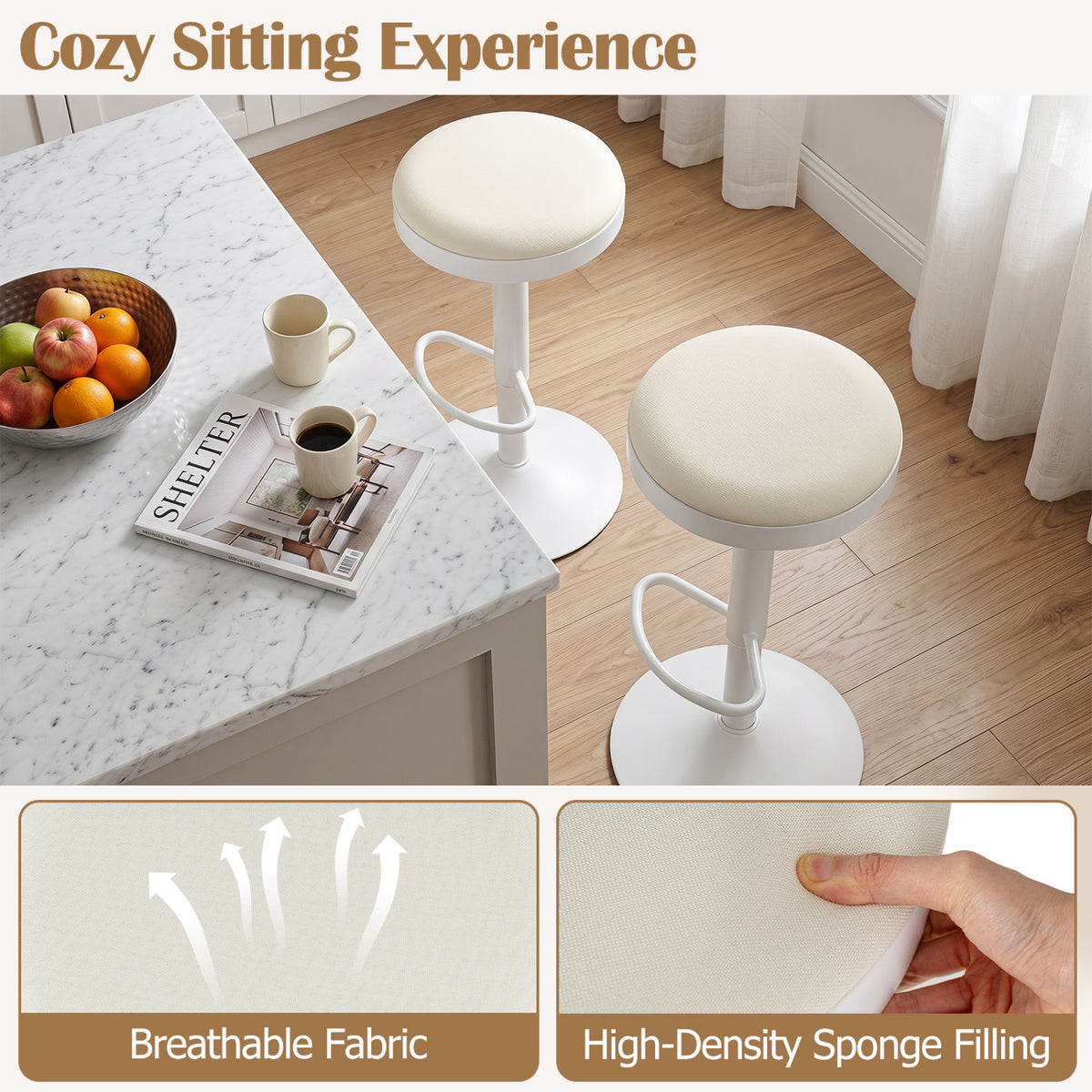 Set of 2 Kitchen Bar Stools with Height Adjustment Padded Seat and D-Shaped Footrest