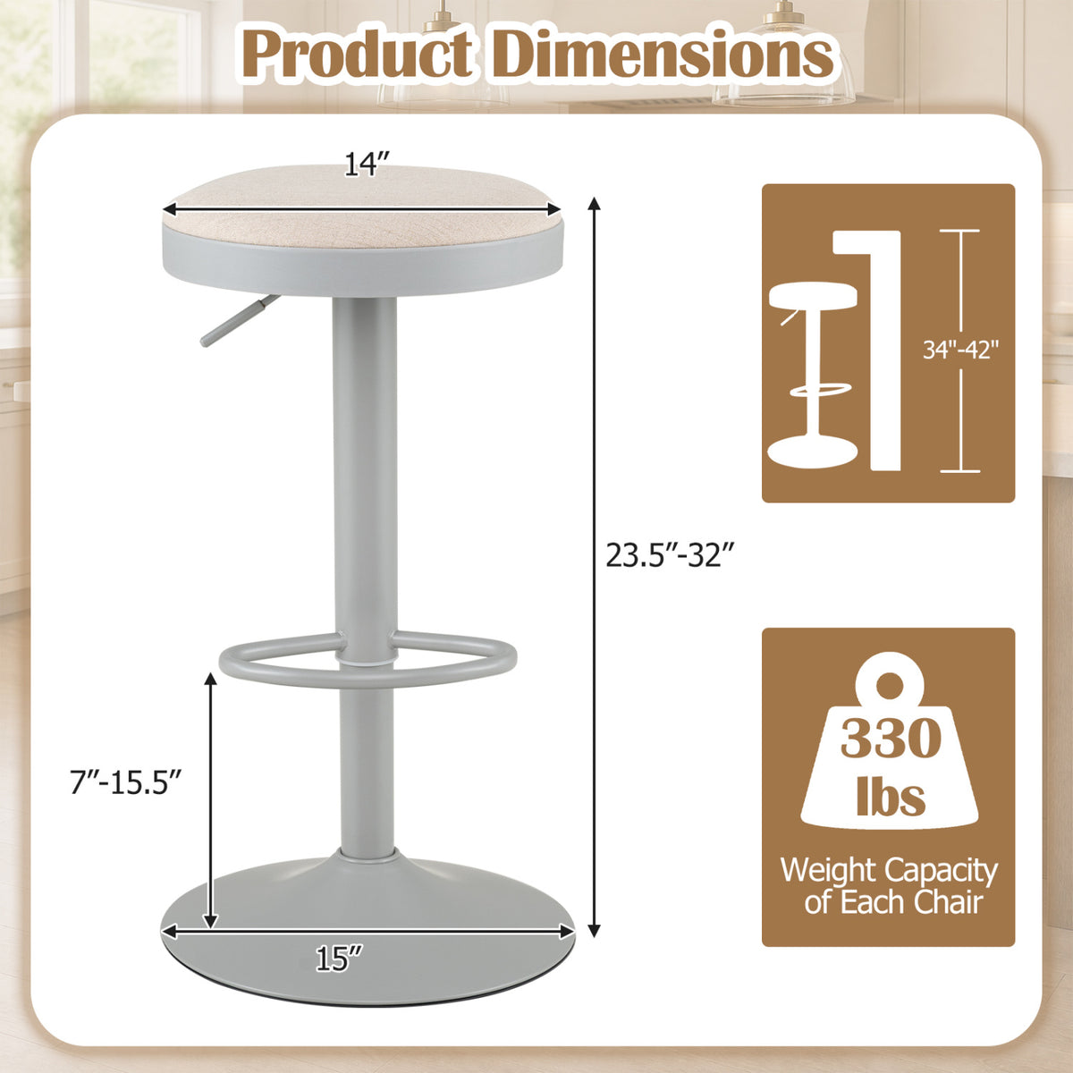 Set of 2 Kitchen Bar Stools with Height Adjustment Padded Seat and D-Shaped Footrest