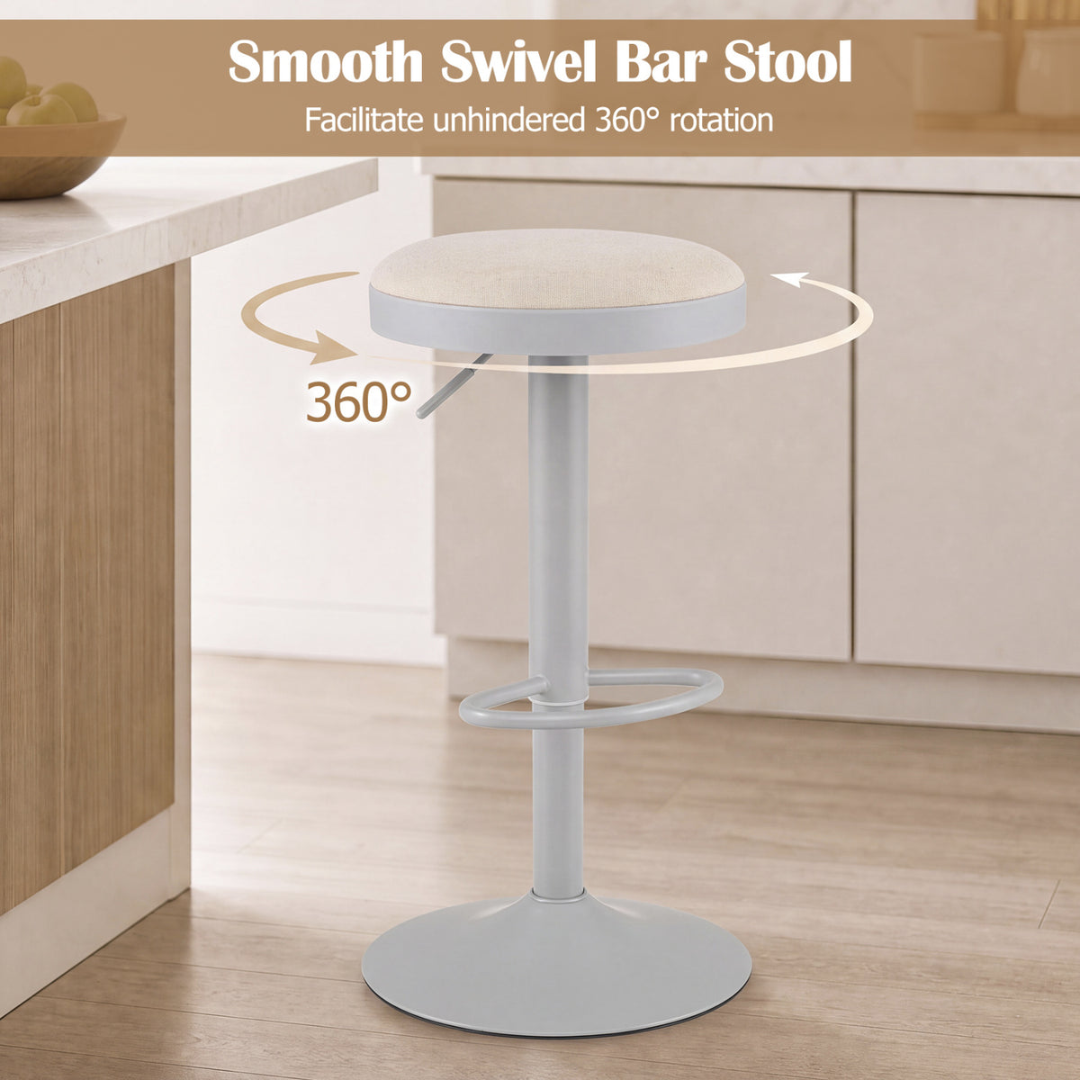 Set of 2 Kitchen Bar Stools with Height Adjustment Padded Seat and D-Shaped Footrest
