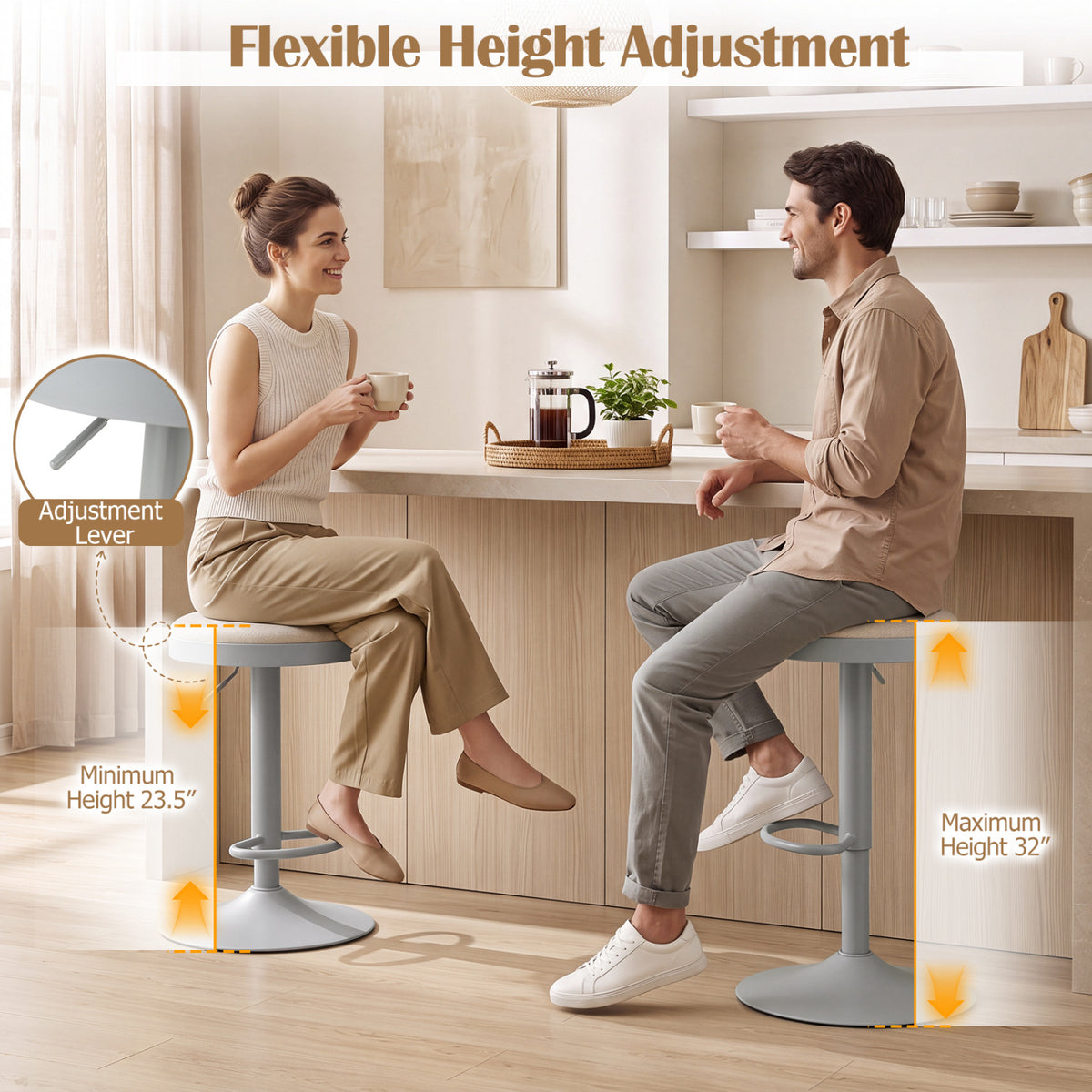 Set of 2 Kitchen Bar Stools with Height Adjustment Padded Seat and D-Shaped Footrest