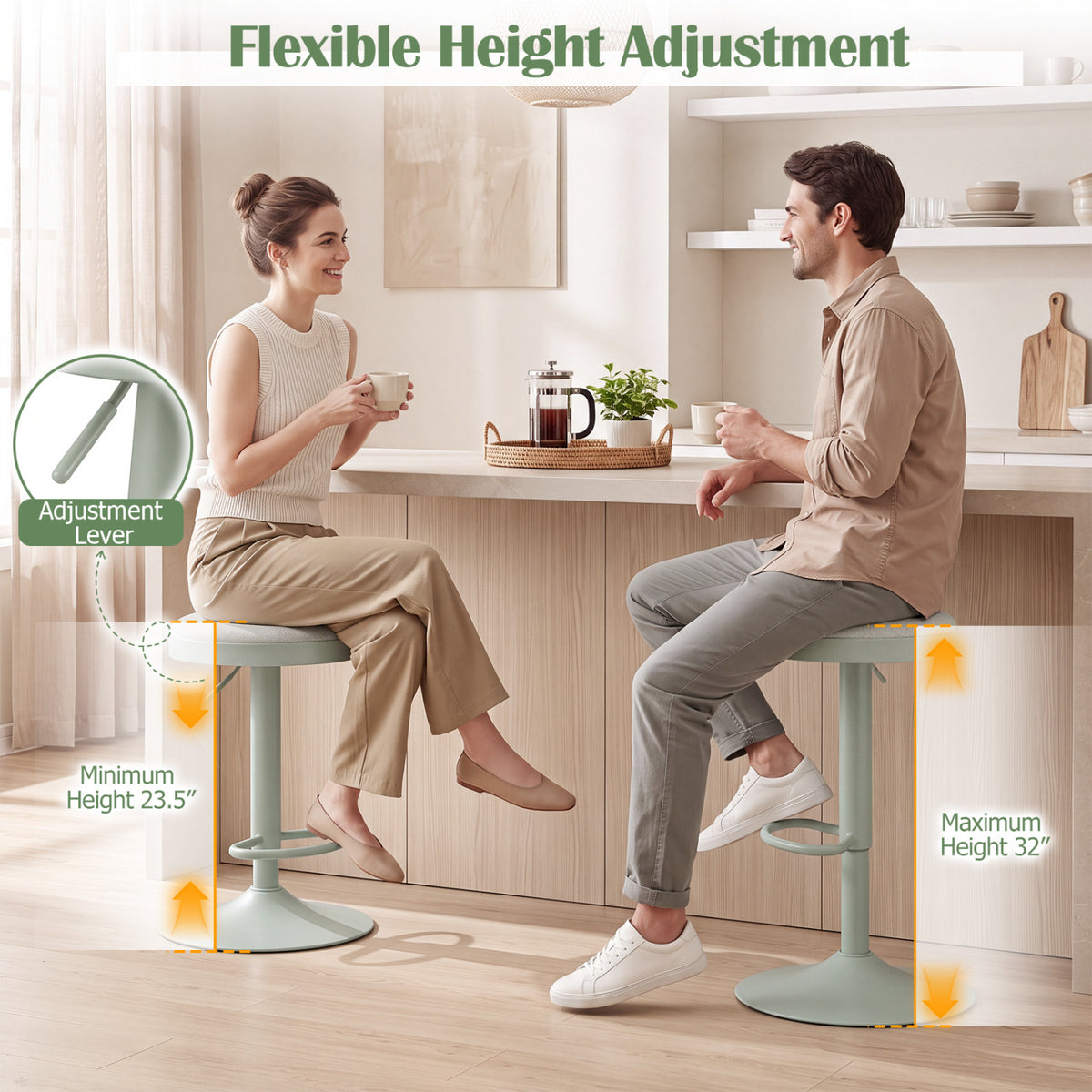 Set of 2 Kitchen Bar Stools with Height Adjustment Padded Seat and D-Shaped Footrest