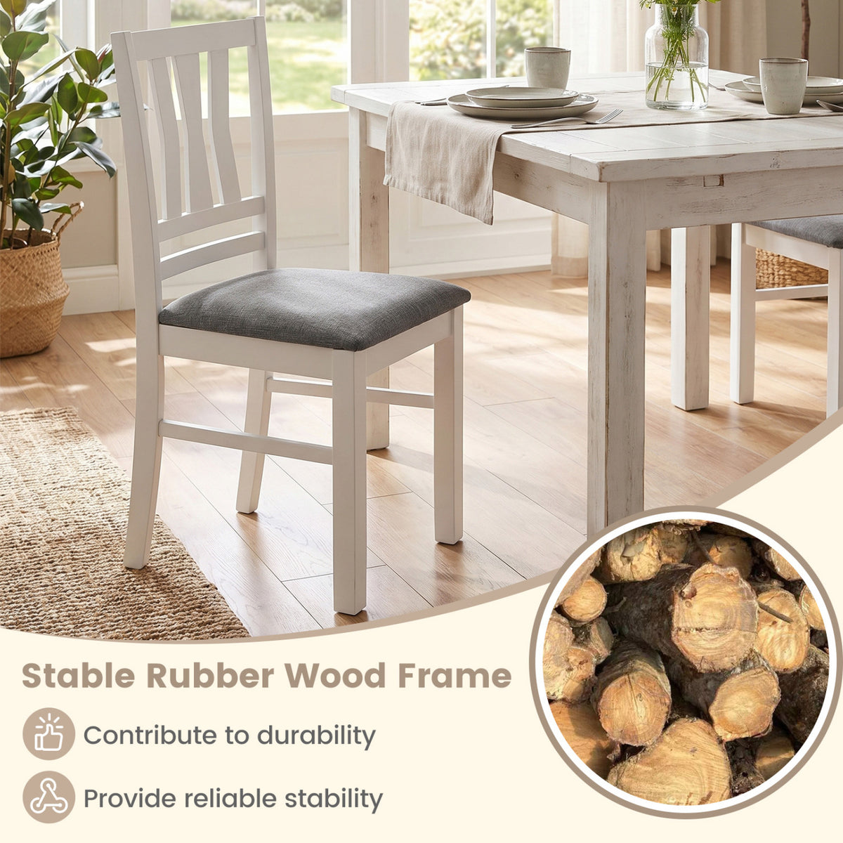 Set of 2 Linen Style Upholstered Kitchen Chairs with Wood Frames-White