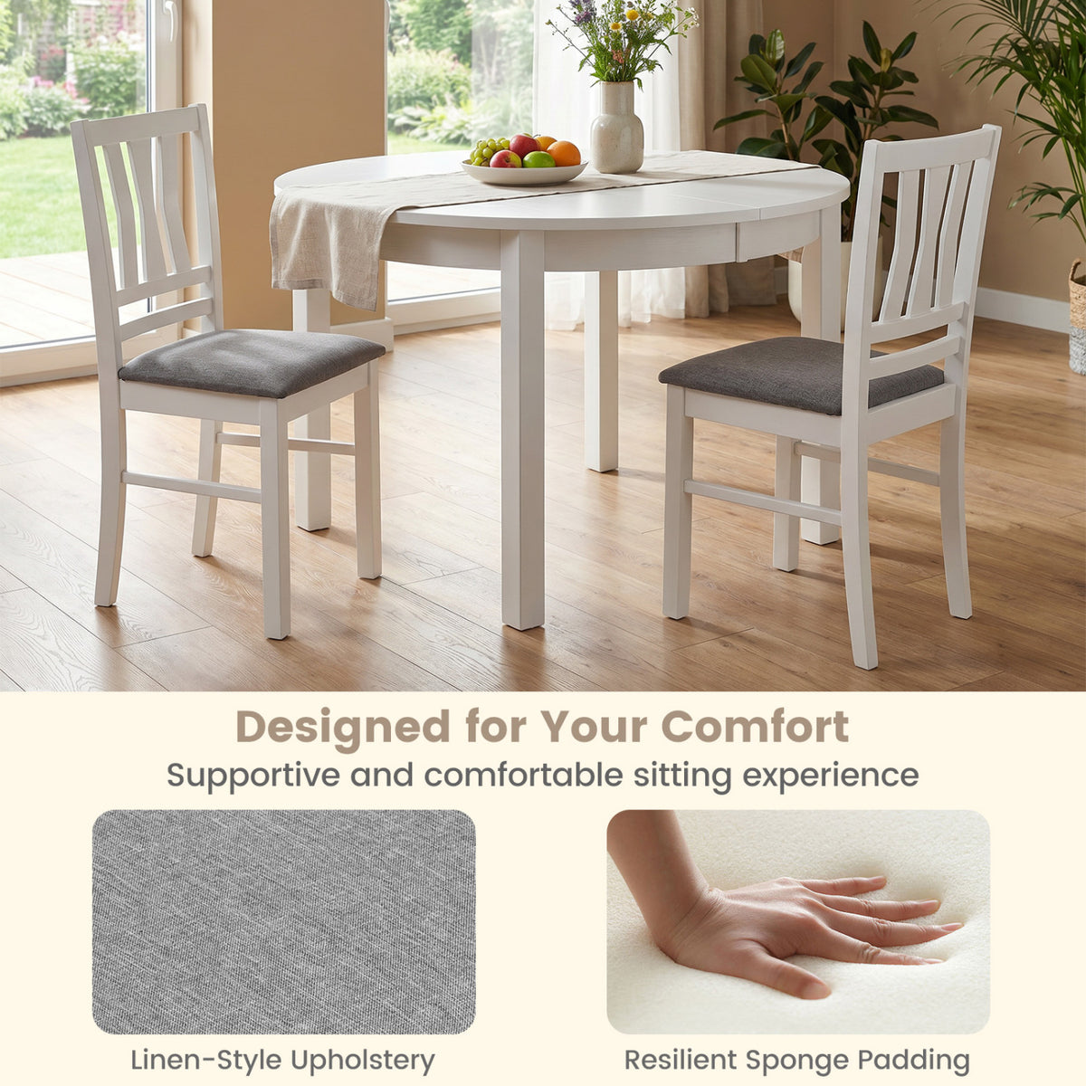Set of 2 Linen Style Upholstered Kitchen Chairs with Wood Frames-White