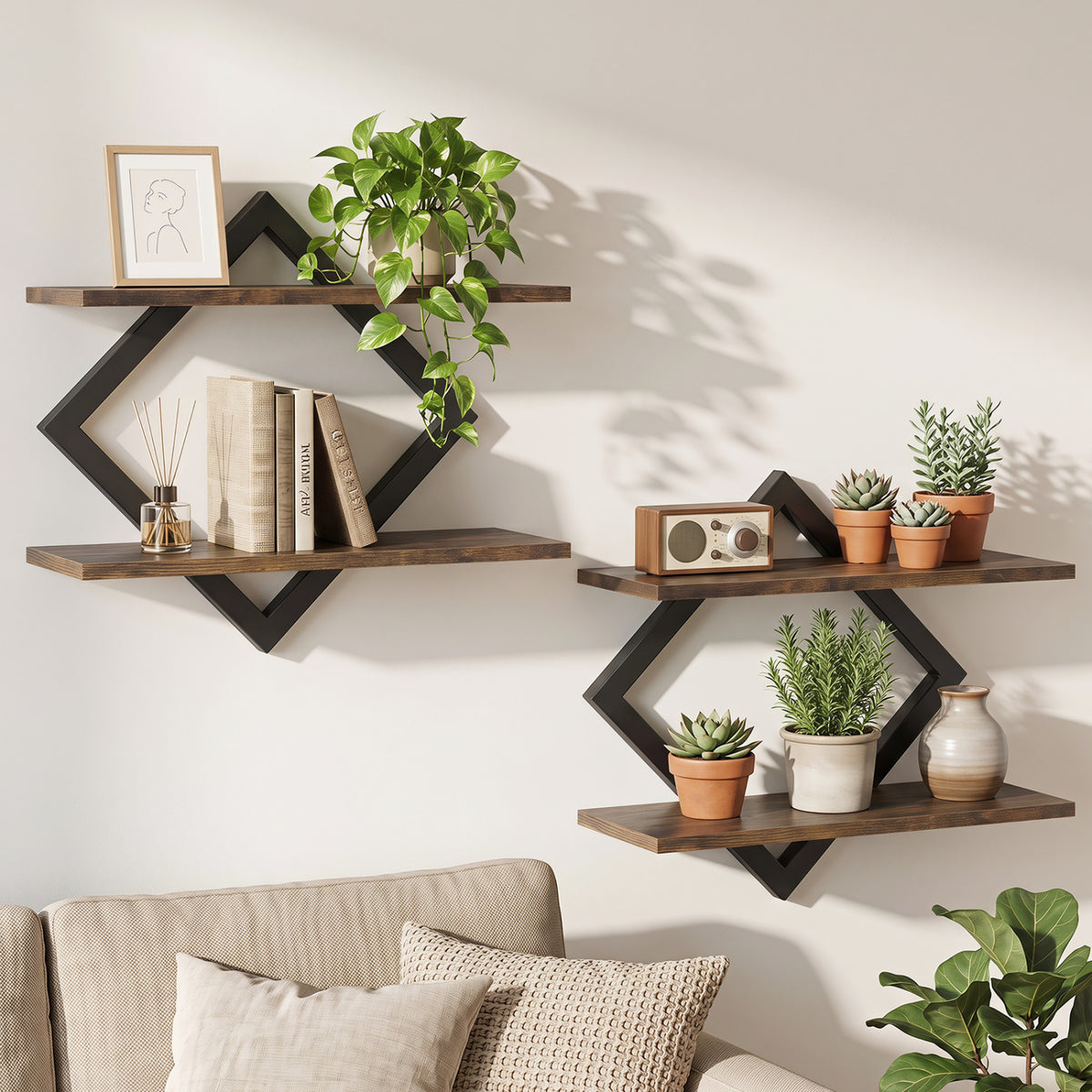 Set of 2 Metal Floating Shelves for Wall with Geometric Frame