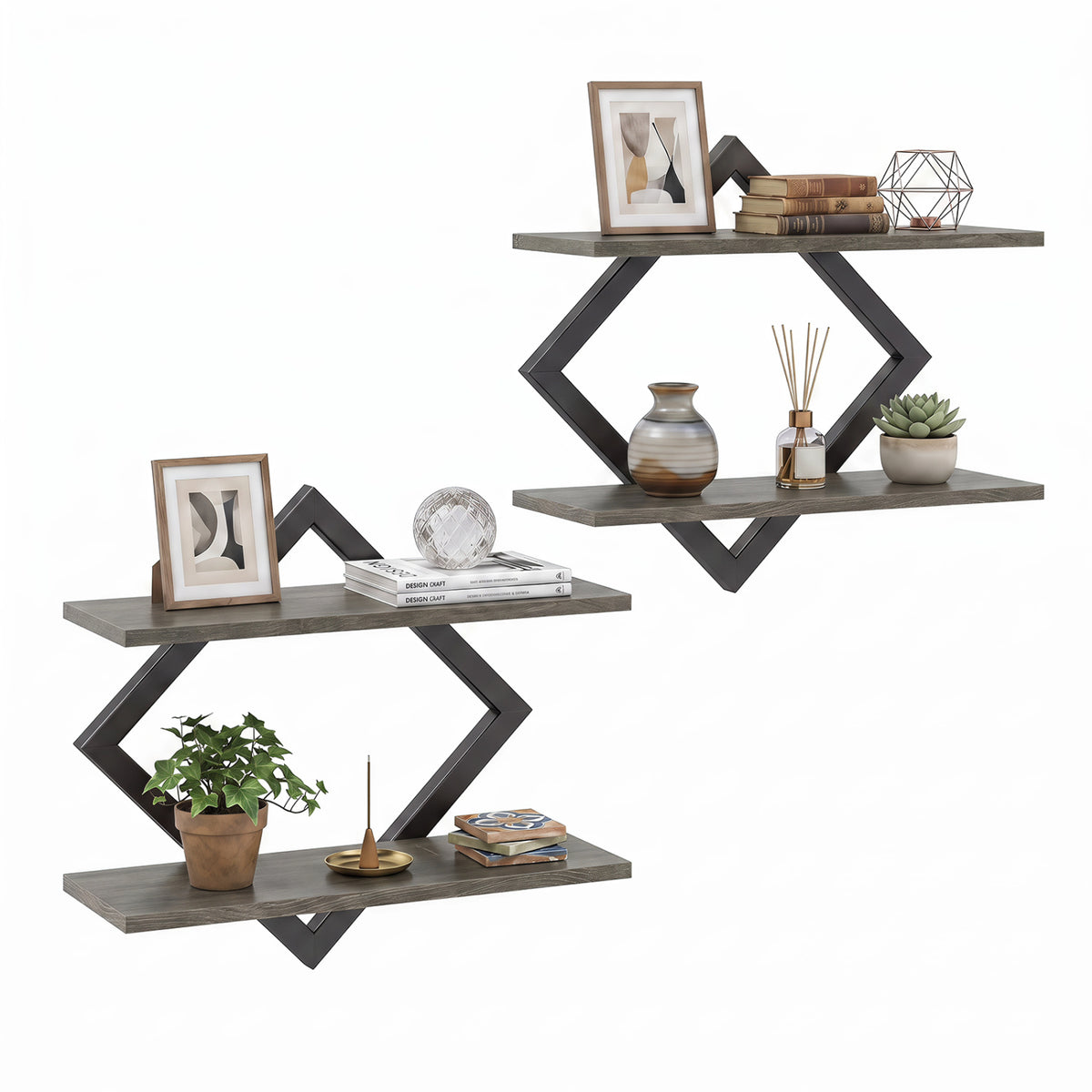 Set of 2 Metal Floating Shelves for Wall with Geometric Frame