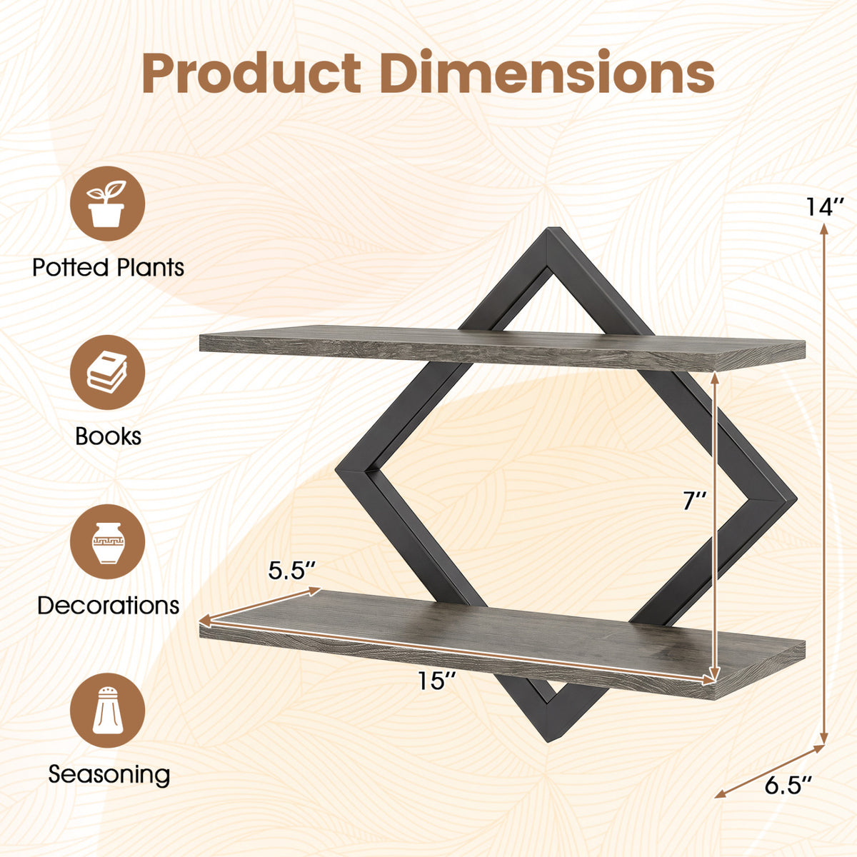Set of 2 Metal Floating Shelves for Wall with Geometric Frame
