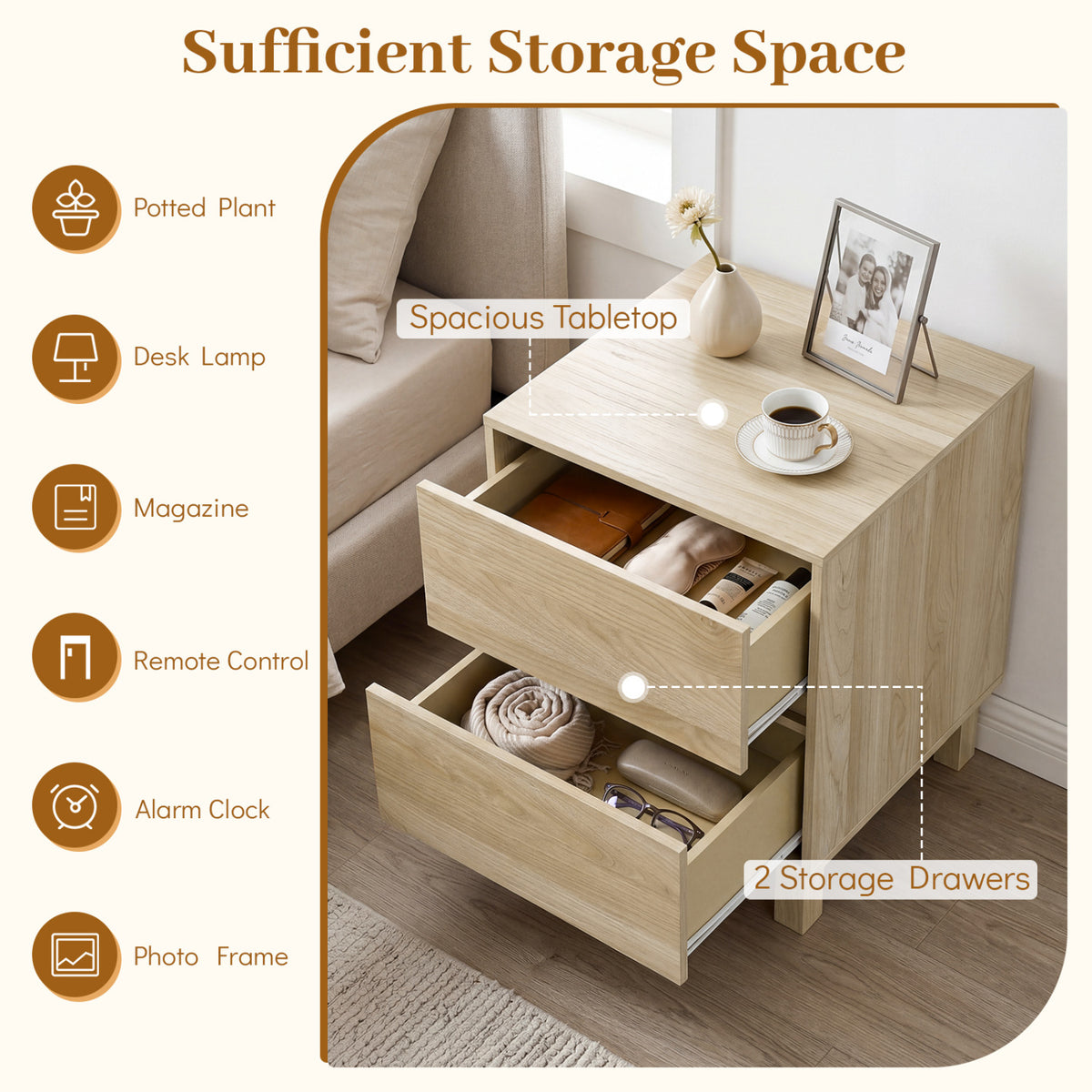 Set of 2 Modern Wooden End Table with 2 Storage Drawers-Natural