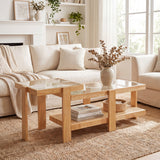 Set of 2 Nesting Coffee Table with Boho Rattan Accent Table-Natural
