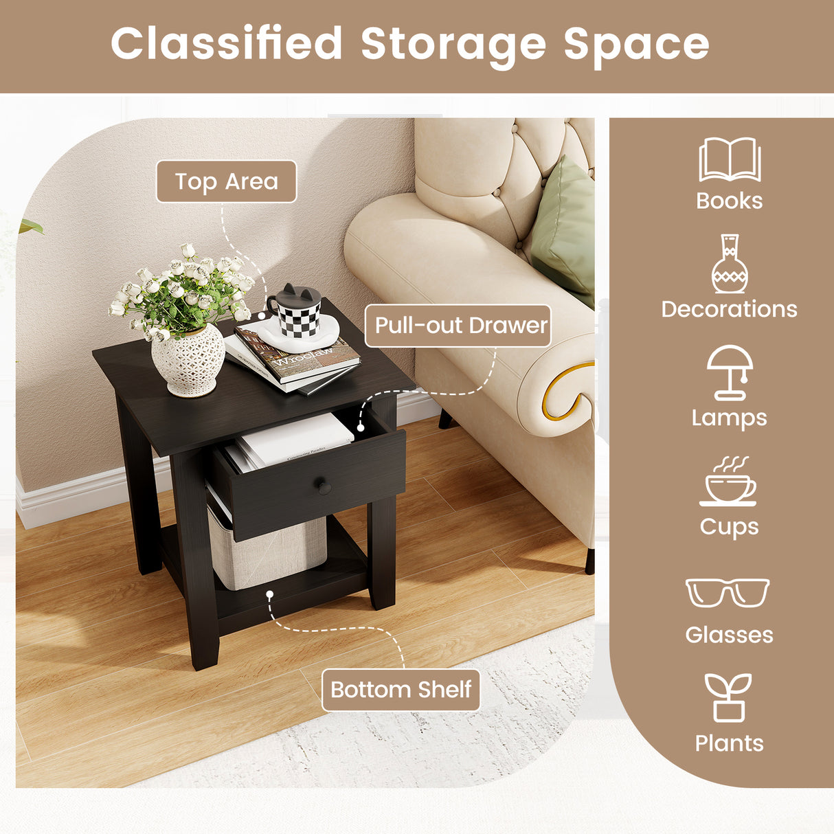 Set of 2 Nightstand with Drawer 3-Tier Modern Bedside Table with Open Shelf and Storage