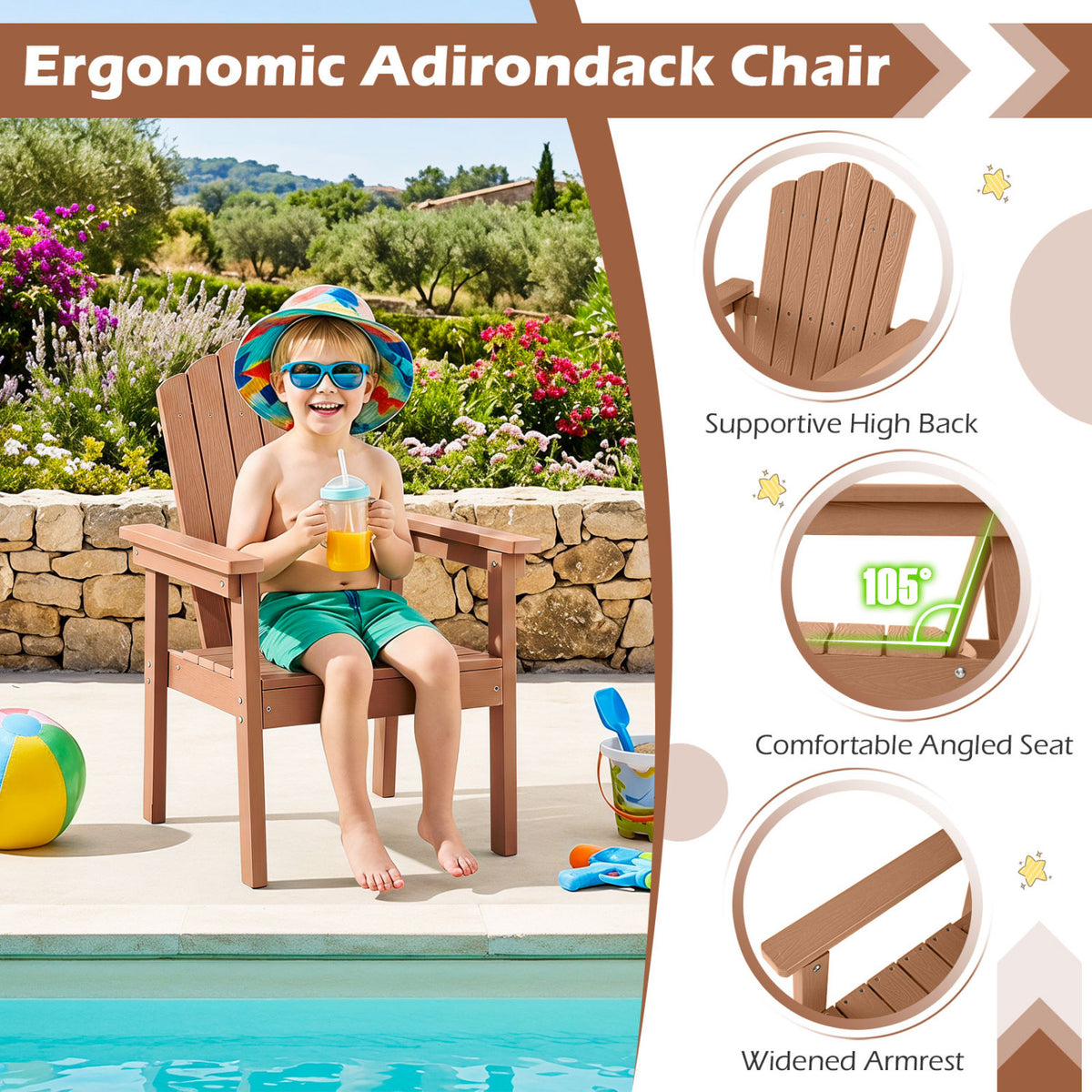 Set of 2 Outdoor Adirondack Chair with High Backrest Wide Armrests and Angled Seat for Deck-Brown