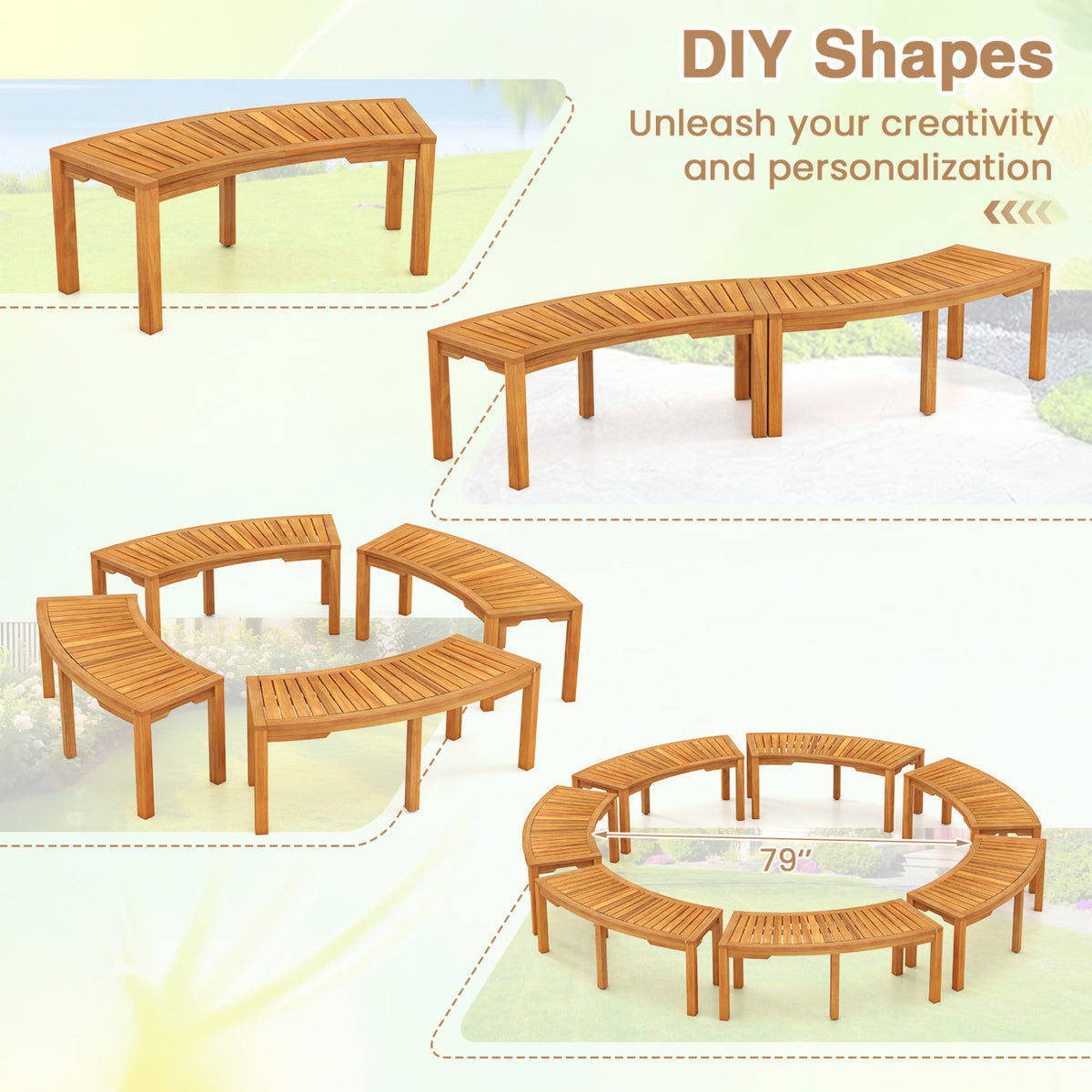 Set of 1/2 Outdoor Bench Acacia Wood Curved Garden Bench 2