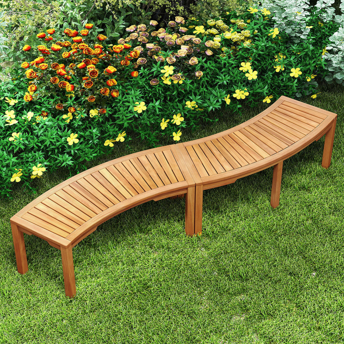 Set of 1/2 Outdoor Bench Acacia Wood Curved Garden Bench 2